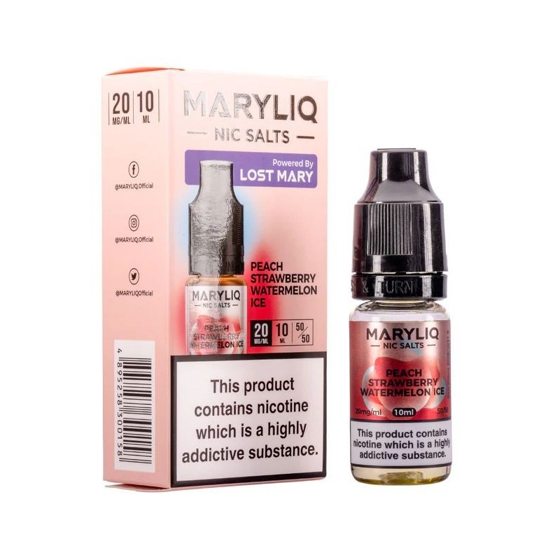 Liquid Maryliq Nic Salts 10ml - Peach Strawberry Watermelon Ice 20mg | Eliq Vapoteur